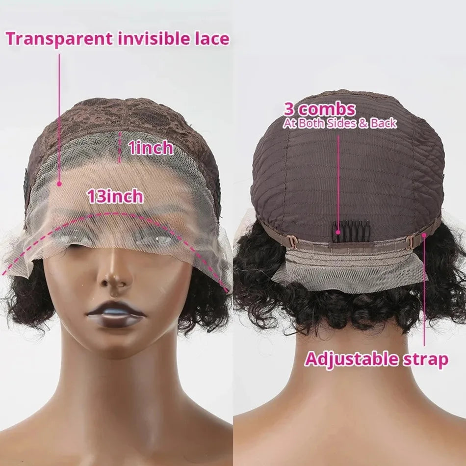 Perruque Pixie Cut Courte Bouclée Cheveux Naturels – Lace 13x1 Transparente